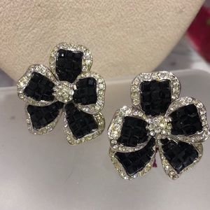 Stunning Jet Black and Clear Cubic Zirconia Jarin Flower Earrings-Boutique